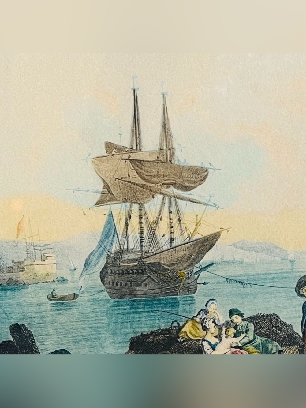 Antique French Le Delassement du Pecheur colored etching - Picture 10 of 11